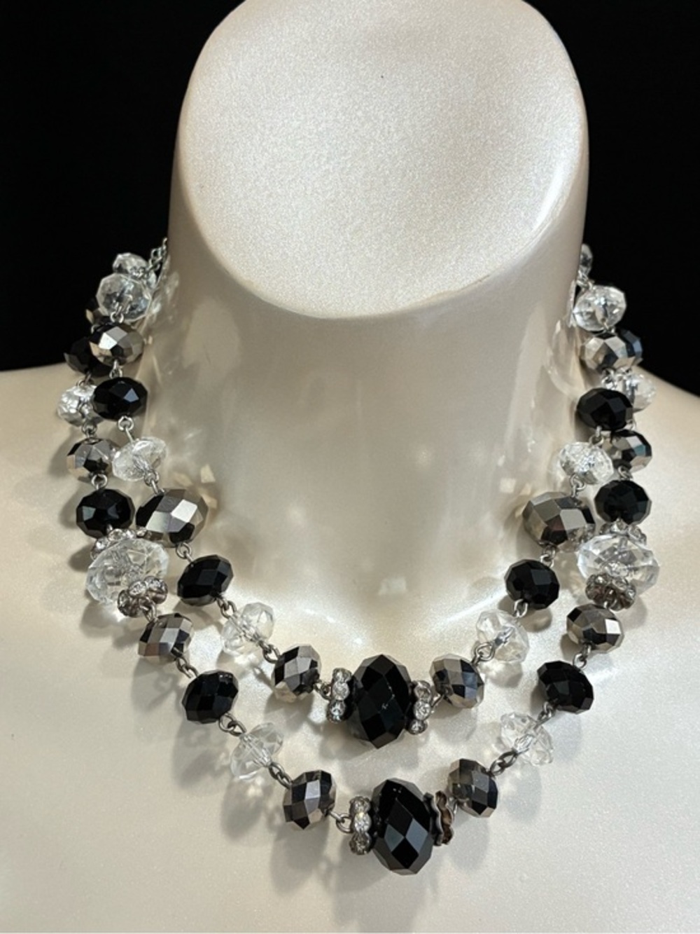 Classic Black & Silver Faceted Crystal Double-Strand Statement Cocktail Necklace